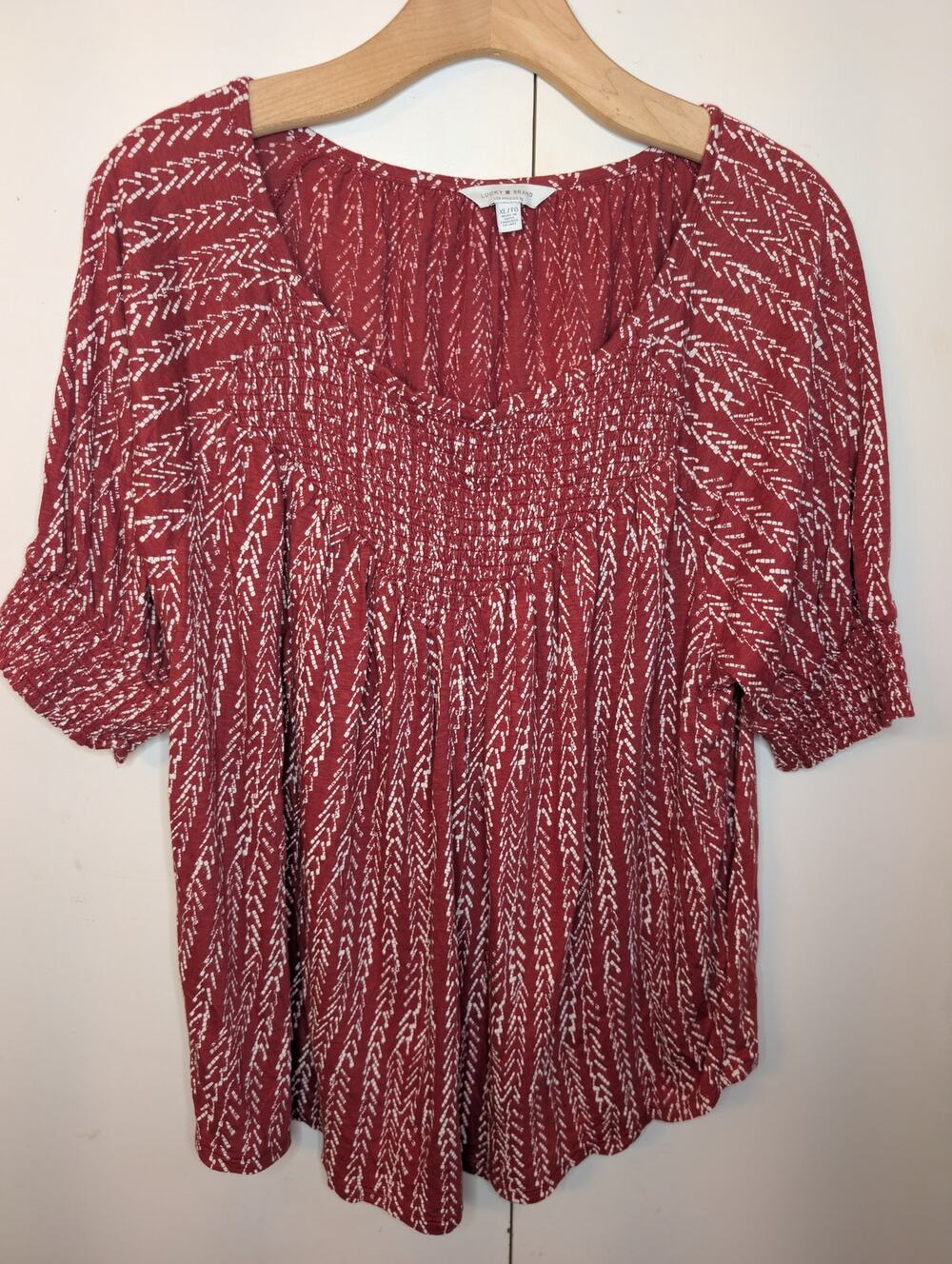 Lucky Brand Red & White Ruched Patterned Blouse